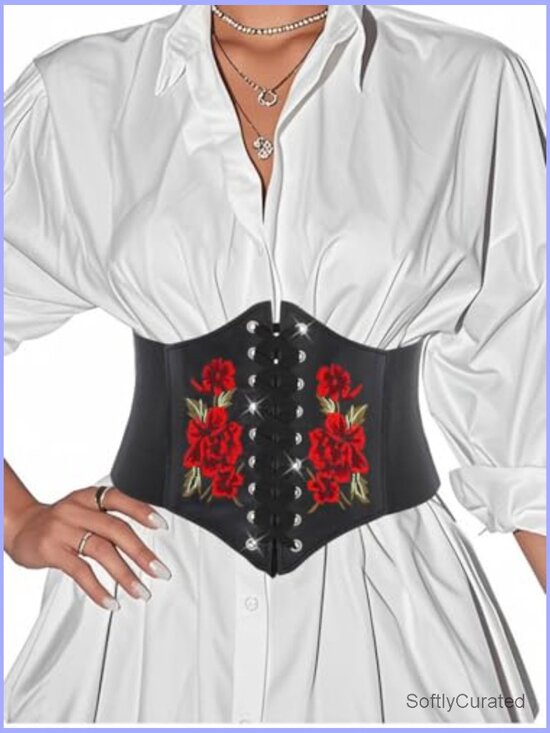 Wide Leather Corset Belt with Floral Embroidery, Adjustable Lace-Up Waist main image 6